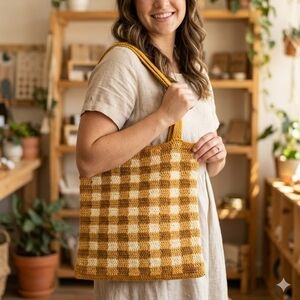 Handwoven Brown and Cream Checkered Tote Bag